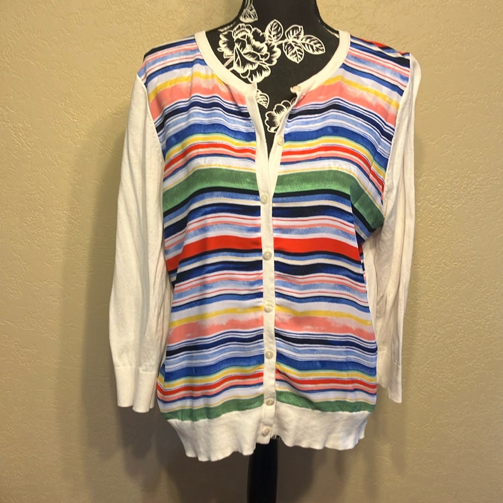 LG ANN TAYLOR MULTI-COLOR COTTON-POLY BUTTON UP LONG SLEEVE LIGHTWEIGHT SWEATER